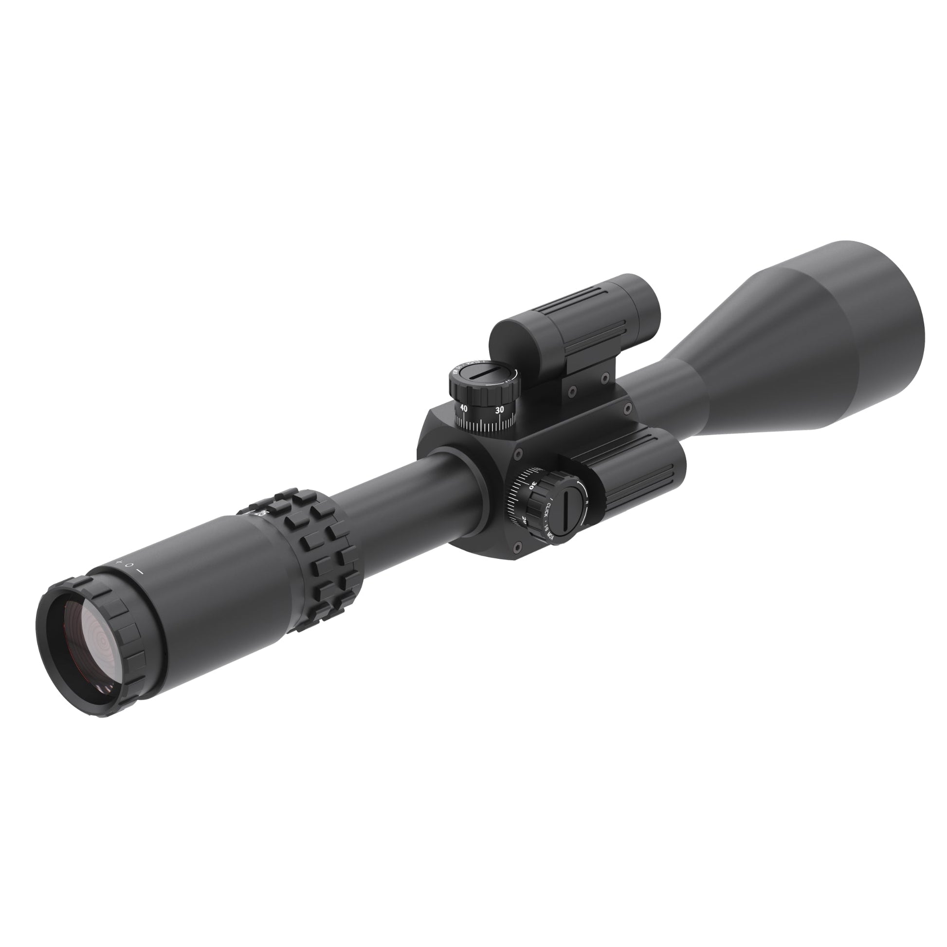 McJ Optics 5-25x56 scope front view with lens