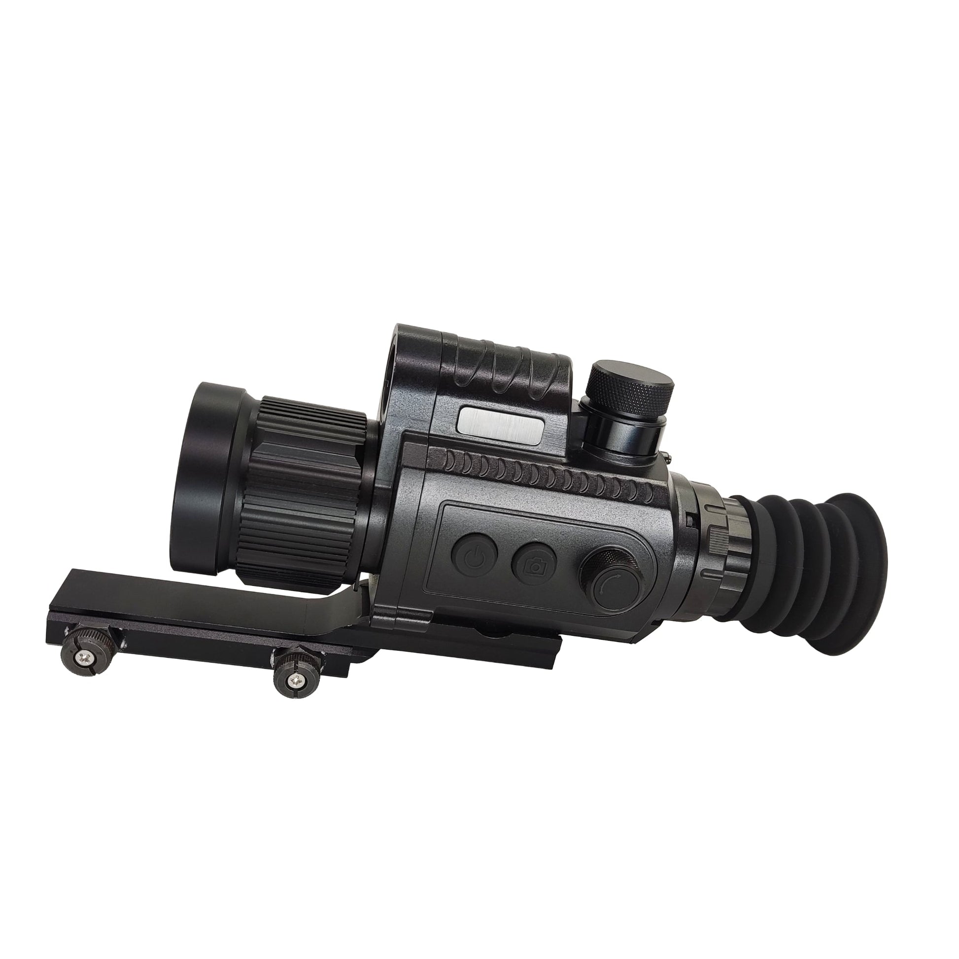 Side angle of McJ Optics thermal monocular showing control buttons